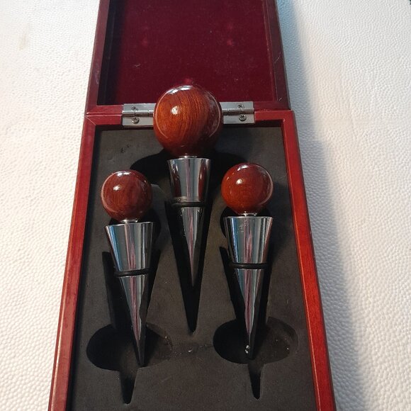 Burl Wood and Stainless Steel Wine Bottle Stoppers - Picture 1 of 5